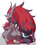  &lt;3 ambiguous_gender anthro big_breasts black_fur blue_eyes blush_sticker breasts butt canine chest_tuft child claws crouching duo ear_tuft female feral fur grey_fur hair inner_ear_fluff long_hair mammal mane mother nintendo nyaswitchnya parent pok&eacute;mon pok&eacute;mon_(species) rear_view red_claws red_fur shoulder_tuft smile snout solo_focus tuft video_games young zoroark zorua 