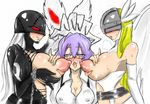  3girls angel_and_devil angewomon belt blonde_hair breastplate breasts demon_girl digimon digimon_world_re:digitize female helmet lactation ladydevimon large_breasts mikagura_mirei multiple_girls navel_cutout nipples purple_hair saliva silver_hair skull stitched strap thighs tonge tongue topless torn_clothes winged_helmet yuri 