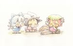  3girls ^_^ animal_ears baku_taso black_hair blue_bow blue_hair bow brown_hair bunny_ears bunny_tail carrot_necklace cat_ears cat_tail chen chibi cirno closed_eyes fang grin hair_bow inaba_tewi jewelry multiple_girls multiple_tails nekomata open_mouth pendant short_hair single_earring smile tail touhou two_tails wings 