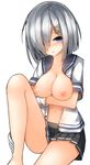  bad_id bad_pixiv_id blue_eyes blush breast_hold breasts breasts_outside collarbone gloves hair_ornament hair_over_one_eye hairclip hamakaze_(kantai_collection) highres kantai_collection large_breasts leg_up looking_at_viewer miniskirt mizushina_minato nipples no_legwear open_clothes open_mouth open_shirt pleated_skirt school_uniform serafuku shirt short_hair short_sleeves silver_hair simple_background sitting skirt solo white_background white_gloves 