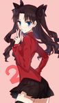  bad_id bad_pixiv_id black_hair blue_eyes blush fate/stay_night fate_(series) hand_on_hip highres shirako_miso solo thighhighs toosaka_rin two_side_up v 