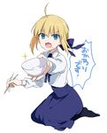  ahoge artoria_pendragon_(all) bad_id bad_pixiv_id blonde_hair blue_eyes bowl chopsticks fang fate/stay_night fate_(series) food food_on_face pantyhose rice rice_on_face saber shirako_miso solo translated 