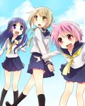  bad_id bad_pixiv_id blonde_hair hinata_yukari ichii_yui looking_at_viewer multiple_girls nonohara_yuzuko open_mouth pink_hair pleated_skirt purple_eyes purple_hair red_eyes school_uniform school_uniform_(yuyushiki) serafuku skirt tsunakan twintails yellow_eyes yuyushiki 