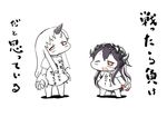  alternate_costume baku_taso black_hair chibi clothes_writing horn horns isolated_island_oni kantai_collection long_hair multiple_girls one_eye_closed red_eyes seaport_hime shinkaisei-kan short_sleeves simple_background source_quote_parody translated white_background white_hair you_work_you_lose 