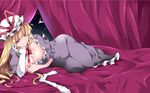  blonde_hair blush breasts cleavage dress elbow_gloves eyes gloves gloves_removed hammer_(sunset_beach) hat hat_ribbon large_breasts long_hair looking_at_viewer lying on_side purple_dress purple_eyes ribbon seductive_smile single_glove smile solo touhou white_gloves yakumo_yukari 