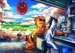  2015 bag building cafe cloud cloudsdale coffee cutie_mark duo equine eyewear female food friendship_is_magic glasses goggles inside jowybean male mammal messenger_bag my_little_pony open_mouth pegasus pie rainbow sitting soarin_(mlp) spitfire_(mlp) steam stool sunglasses waterfall wings wonderbolts_(mlp) yawn 