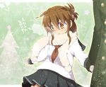  black_skirt blush brown_eyes brown_hair cimeri folded_ponytail holding_hands inazuma_(kantai_collection) kantai_collection long_sleeves mittens nanodesu_(phrase) neckerchief nose_blush out_of_frame pleated_skirt ponytail scarf school_uniform serafuku skirt solo_focus translated 