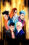  5boys armor asymmetrical_hair bigbang blonde_hair blue_hair bow bowtie brown_eyes cravat daesung earrings g-dragon hair_over_one_eye hand_on_face hand_on_own_face injury jewelry k-pop long_hair looking_at_viewer male_focus mohawk multicolored_hair multiple_boys necklace necktie open_shirt piercing ring seungri_(bigbang) shirt side_shave striped_shirt suit t.o.p_(bigbang) taeyang tattoo topless two-tone_hair 