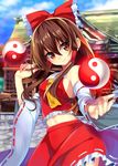  ascot bad_id bad_pixiv_id blurry bow brown_eyes brown_hair depth_of_field detached_sleeves gohei hair_bow hair_ribbon hair_tubes hakurei_reimu head_tilt highres holding long_hair looking_at_viewer navel nekoboshi_sakko nontraditional_miko orb ribbon shrine smile solo touhou yin_yang 