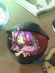  ahoge blurry blush_stickers bowl chamaji chopsticks commentary depth_of_field fish highres in_bowl in_container japanese_clothes kimono minigirl mouth_hold needle out_of_frame plate pov pov_hands purple_hair rice rice_bowl sukuna_shinmyoumaru touhou wide_sleeves 
