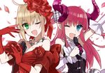  ;d bad_id bad_pixiv_id blonde_hair blue_eyes bow elizabeth_bathory_(fate) elizabeth_bathory_(fate)_(all) fate/extra fate/extra_ccc fate_(series) green_eyes hair_bow horns idol idol_emperor microphone multiple_girls nero_claudius_(fate) nero_claudius_(fate)_(all) one_eye_closed open_mouth pink_hair pointy_ears shirako_miso smile two_side_up 
