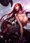  1girl breasts duto katarina_du_couteau large_breasts league_of_legends open_chest_sweater red_hair serpent_tail sweater very_long_hair 