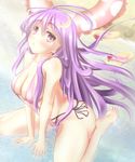  barefoot beach bikini breasts crescent crescent_hair_ornament footprints hair_ornament highres large_breasts long_hair looking_at_viewer patchouli_knowledge purple_eyes purple_hair sand sandals sandals_removed side-tie_bikini sitting slingshot_swimsuit solo swimsuit touhou toumin wading 