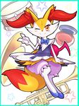  anthro bloomers blush bow braixen claws clothed clothing cymbals digitigrade dress drum female footwear looking_at_viewer musical_instrument musical_note nintendo one_eye_closed pok&eacute;mon shiron_(artist) sitting smile solo trumpet video_games wink 