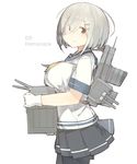  breast_rest breasts character_name fuu_fuu gloves hair_ornament hair_over_one_eye hairclip hamakaze_(kantai_collection) kantai_collection large_breasts looking_at_viewer machinery pantyhose school_uniform serafuku short_hair short_sleeves simple_background skirt solo white_hair 