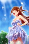  :d blush brown_hair closed_eyes dress half_updo idolmaster idolmaster_cinderella_girls long_hair open_mouth partially_submerged shimamura_uzuki skirt_hold smile solo t-hiko water wet wet_clothes 