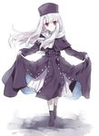  bad_id bad_pixiv_id boots capelet coat fate/stay_night fate_(series) full_body gloves hat illyasviel_von_einzbern long_hair purple_hat red_eyes shirako_miso skirt_hold smile solo standing white_background white_gloves white_hair 