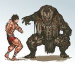  alien ankleband barefoot black_hair crossover faceoff grappler_baki hairlocs hanma_baki highres jewelry long_hair multiple_boys muscle nameo_(judgemasterkou) necklace predator predator_(movie) shirtless shorts size_difference skull skull_necklace wristband 