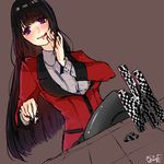  bangs black_hair black_legwear black_ribbon blunt_bangs blush crossed_legs dress_shirt dutch_angle fingernails fingers_to_mouth gambling hitomi_desu jabami_yumeko kakegurui licking_lips lips long_hair looking_to_the_side nail_polish pantyhose poker_chip purple_eyes red_nails red_suit ribbon shirt sitting solo stack straight_hair suit_jacket table tongue tongue_out very_long_hair 