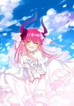  :d ^_^ bad_id bad_pixiv_id blush bride closed_eyes detached_sleeves dress elizabeth_bathory_(fate) elizabeth_bathory_(fate)_(all) fang fate/extra fate/extra_ccc fate_(series) highres open_mouth pink_hair pointy_ears shirako_miso skirt_hold smile solo tears two_side_up wedding_dress white_dress 