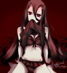  absurdly_long_hair battleship_hime black_hair bra breasts chemise cleavage eyelashes frilled_bra frilled_panties frills hair_between_eyes hair_spread_out head_tilt horns kantai_collection large_breasts lingerie long_hair looking_at_viewer midriff mouth_hold navel panties red_background red_eyes simple_background sitting solo twitter_username underwear very_long_hair white_skin zarathurtra 