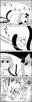  4koma animal_ears bow braid broken_glass cat_ears cat_tail chopsticks cirno comic commentary glass greyscale hair_bow hat highres kaenbyou_rin letty_whiterock monochrome multiple_tails no_humans o_o open_mouth pose scarf shaded_face smile tail tail_grab tail_wagging tani_takeshi touhou translated twin_braids window yukkuri_shiteitte_ne 