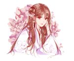 4summers braid brown_hair chinese_clothes eyelashes floral_print flower flower_request hair_bun hair_ornament long_hair looking_at_viewer original pink_flower red_eyes signature simple_background solo white_background 