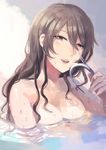  ashigara_(kantai_collection) bathing breasts brown_eyes brown_hair fuji_fujino hairband_removed kantai_collection long_hair looking_at_viewer medium_breasts open_mouth solo upper_body wet 