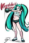  aqua_eyes aqua_hair big-d breasts covered_nipples exercise flats focused full_body hatsune_miku headphones highres long_hair short_shorts shorts small_breasts solo sports_bra sweat tattoo toned twintails very_long_hair vocaloid weights 