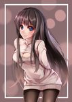  arms_behind_back bad_id bad_pixiv_id black_hair black_legwear blue_eyes blush breasts cleavage highres long_hair medium_breasts meme_attire no_pants open-chest_sweater original pantyhose ribbed_sweater sweater turtleneck yumemi_(kiowa) 