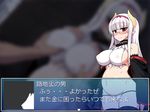  1girl alternate_costume bare_shoulders blush breast_grab breast_poke breasts bridal_gauntlets covered_nipples detached_sleeves fake_screenshot glasses grabbing hairband heidimarie_w_schnaufer hetero horns inverted_nipples large_breasts long_hair navel nipples null_(nyanpyoun) open_mouth panties pointy_ears poking pregnant puffy_nipples red_eyes rimless_eyewear solo_focus strike_witches sweat translation_request underwear white_hair white_panties world_witches_series 