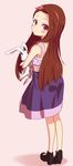  banned_artist blush brown_eyes brown_hair dress ekusiregaia from_behind full_body hairband hug idolmaster idolmaster_(classic) long_hair looking_back minase_iori no_socks ribbon shoes solo stuffed_animal stuffed_bunny stuffed_toy 