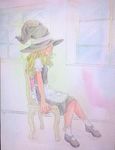  acrylic_paint_(medium) apron blonde_hair chair dress frown full_body graphite_(medium) hat highres kirisame_marisa long_hair mary_janes no_eyes photo profile shoes sitting solo texture touhou traditional_media watercolor_(medium) window witch_hat yuyu_(00365676) 