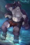  abs anthro arm_behind_head biceps big_muscles black_hair black_nose blue_eyes bulge canine chest_tuft cinna-tree claws clothed clothing ear_piercing fangs flexing folf fox fur grin hair half-dressed hybrid looking_at_viewer male mammal muscles pecs piercing pool pose purple_fur purple_hair rope shorts shyloc sitting smile solo swimsuit teeth toe_claws toned topless tuft underwear water wet white_fur wolf 