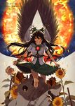  belt bird_wings black_hair breasts burning cape concrete crazy crazy_eyes fire flame flower glowing glowing_eyes grin hair_bun large_breasts long_hair looking_at_viewer puffy_short_sleeves puffy_sleeves radiation_symbol red_eyes reiuji_utsuho shirt short_sleeves skirt smile solo space sun sunflower symbol-shaped_pupils third_eye touhou usui_ryuu very_long_hair wings 
