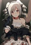  blush bow commentary dress drill_hair frilled_dress frills gloves gothic_lolita grey_hair hairband idolmaster idolmaster_cinderella_girls jewelry kanzaki_ranko lolita_fashion looking_at_viewer necklace off_shoulder ogipote red_eyes ribbon silver_hair strap_slip tears twin_drills twintails 