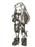  ak-47 ankle_boots assault_rifle backpack bag boots collar dress flat_chest full_body gun highres horns kantai_collection long_hair multicolored multicolored_eyes nameo_(judgemasterkou) northern_ocean_hime red_eyes rifle shinkaisei-kan solo weapon white_dress white_hair white_skin yellow_eyes 