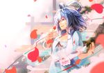  between_fingers blue_eyes blue_hair cherry_blossoms collarbone cowboy_shot hair_ornament hair_rings hair_stick kaku_seiga parted_lips petals puffy_short_sleeves puffy_sleeves red_string retsuna ribbon rose_petals short_hair short_sleeves smile solo string touhou upper_body 