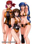  armpits bandana basketball basketball_uniform bikini_top black_leotard blue_hair bow breasts brown_eyes brown_hair bunny_tail choker cleavage cowboy_shot ge_xi group_picture hair_bow halterneck hand_in_hair height_difference highres huge_breasts knee_brace leotard lips long_hair multiple_girls orange_leotard original pink_hair short_hair short_shorts shorts sportswear sweat tail twintails watermark web_address 