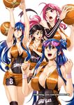  armpits basketball basketball_uniform black_hair black_leotard breasts cleavage collage covered_nipples detached_sleeves eyewear_on_head ge_xi glasses headband highres huge_breasts knee_brace leotard long_hair low_ponytail lowleg lowleg_shorts mole mole_on_breast multiple_girls one_side_up open_mouth orange_leotard original pink_hair playing_sports red-framed_eyewear shorts sideboob single_sleeve smile sport sportswear sweat watermark web_address wristband 