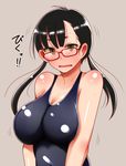  bad_id bad_pixiv_id black_hair breasts brown_background brown_eyes glasses large_breasts long_hair looking_at_viewer low_twintails odoriyama_gorou one-piece_swimsuit original red-framed_eyewear school_swimsuit simple_background solo sweat swimsuit translation_request twintails 