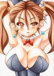  arms_behind_head bare_shoulders breasts brown_hair bunnysuit cleavage dragon_quest dragon_quest_viii earrings jessica_albert jewelry large_breasts long_hair looking_at_viewer marker_(medium) millipen_(medium) red_eyes simple_background slit_pupils solo traditional_media twintails uneven_eyes white_background yutakasan-love 