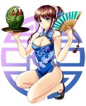  airfly_(oranrei) bare_shoulders blue_dress blue_eyes braid breasts brown_hair bun_cover china_dress chinese_clothes cleavage cleavage_cutout dress fan flats folding_fan food food_art fruit large_breasts long_hair one_knee ponytail side_braid side_slit sleeveless sleeveless_dress solo tray twin_braids watermelon 