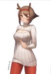  antlers blush breasts brown_hair cleavage_cutout green_eyes hairband jewelry kantai_collection large_breasts looking_at_viewer mutsu_(kantai_collection) naughty_face necklace open_mouth pantyhose qingmingtongzi reindeer_antlers shirt_pull short_hair solo underboob_cutout 