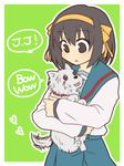  black_hair brown_eyes dog hairband hug kita_high_school_uniform orange_hairband school_uniform serafuku short_hair suzumiya_haruhi suzumiya_haruhi_no_yuuutsu taiki_(6240taiki) 