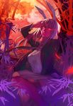  animal_ears bamboo bamboo_forest blazer bunny_ears commentary forest glowing hidebo highres jacket long_hair long_sleeves looking_at_viewer nature necktie open_blazer open_clothes open_jacket purple_hair reisen_udongein_inaba shirt skirt solo spell touhou 
