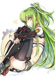  breasts c.c. cheese-kun code_geass cosplay creayus green_hair hair_ribbon kantai_collection katsuragi_(kantai_collection) katsuragi_(kantai_collection)_(cosplay) knees_on_chest long_hair looking_at_viewer medium_breasts midriff ponytail ribbon sideboob simple_background smile solo thighhighs twitter_username white_background white_ribbon yellow_eyes 