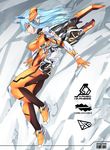  armor barcode blue_eyes blue_hair bodysuit dso from_side full_body gloves headset highres long_hair looking_at_viewer mecha_musume orange_bodysuit original shoes skin_tight smile solo 