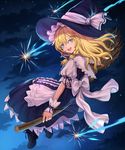  blonde_hair blue_eyes braid broom broom_riding curiosities_of_lotus_asia hat kirisame_marisa lazuri7 long_hair open_mouth shooting_star sidesaddle solo touhou witch_hat 