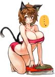  all_fours alternate_breast_size animal_ears barefoot bikini blush breasts brown_hair cat_ears cat_tail chen earrings full_body jewelry large_breasts multiple_tails older red_bikini red_eyes sachito short_hair simple_background solo swimsuit tail touhou 